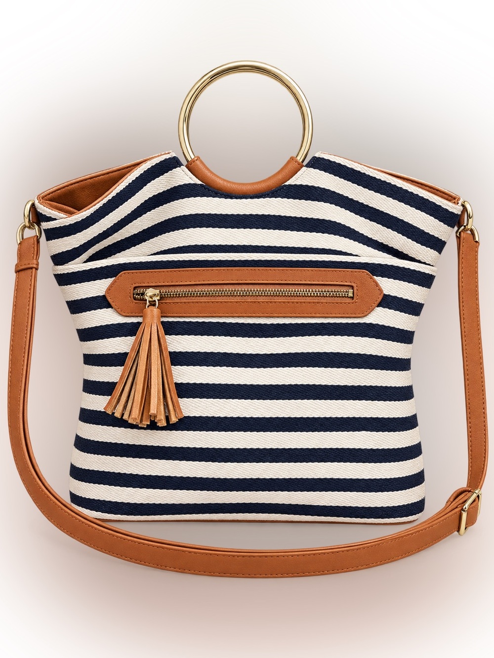 Navy & Cream Striped Tote Shoulder Crossbody Bag Tan Trim Gold Ring Handles